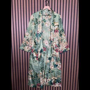 Zara Kimono Dress Small Womens Green Floral Long Sleeve Kaftan Open Front Robe